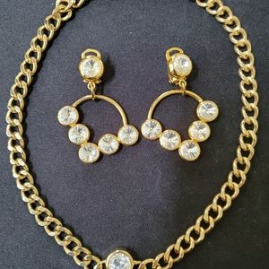 Earring & Necklace Set - Gold color with stone in choker and Clip On Earrings